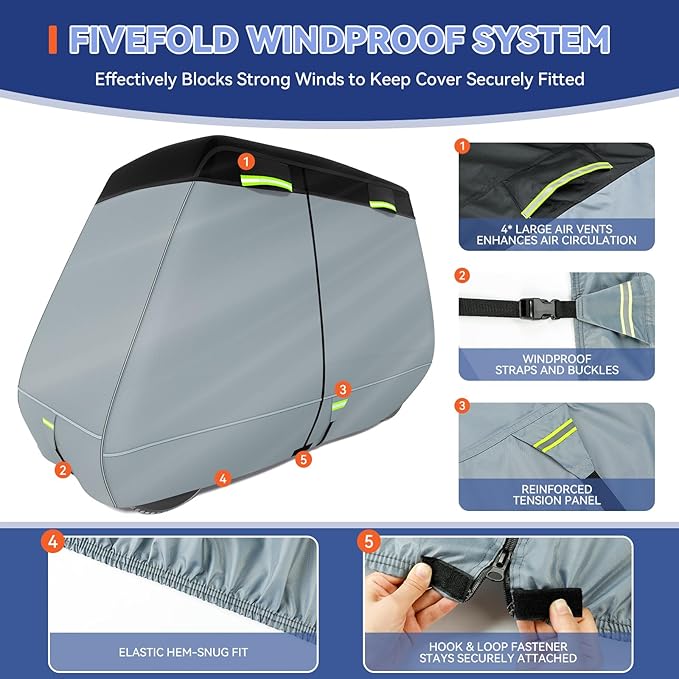 Ultra Thick 900D+600D Golf Cart Cover 2/4/6 Passenger 100% Waterproof Universal Fit for Yamaha, Club Car, EZGO with Large Storage & Toss Bag for All Weather Protection