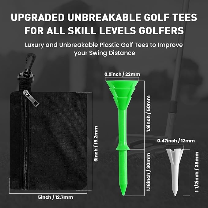 FINGER TEN Golf Tees Plastic Unbreakable 30 Tees 3 1/4 Inch and 20 More Short Tees 1 1/2 Inch with Black Golf Tee Bag, Easy to Find Value Gift Set