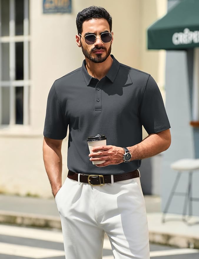 TACVASEN Mens Polo Shirts Short Sleeve Pique 3 Buttons Golf Polo Cooling Performance Moisture Wicking Shirt