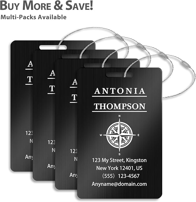 Custom Stainless Steel Luggage Tags (2 Pack) - Personalized Laser Engraved Luggage Tag, Waterproof Durable, for Bags, Backpack Travel, Suitcases (Black)