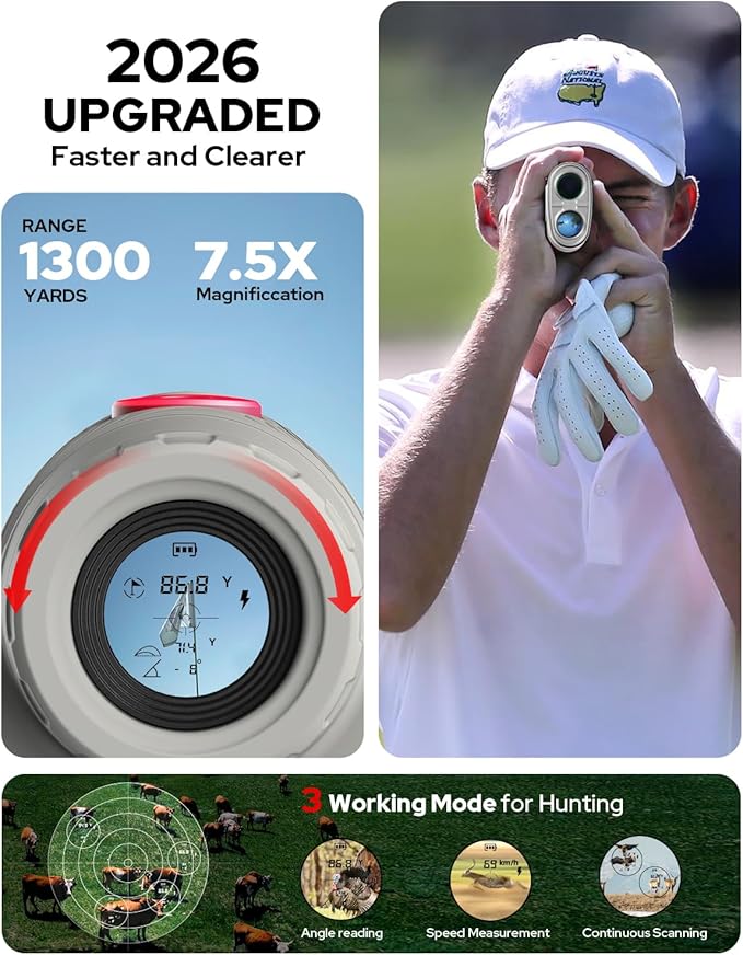 GF2 Golf Rangefinder with Slope, 1300 Yards Laser Range Finder, 7.5X Magnification, Flag Pole Locking Vibration 0.3 Yard Accuracy, Rechargeable Magnetic Golf Accessories Gift for Men Women