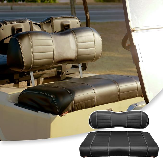 Golf Cart Seat Covers fits Club Car Precedent/DS/EZGO RXV/TXT/Yamaha Front Rear Seat Cushion，Black Leather Custom Stripe Soft Comfortable/Anti-Scratch/Easy to Clean