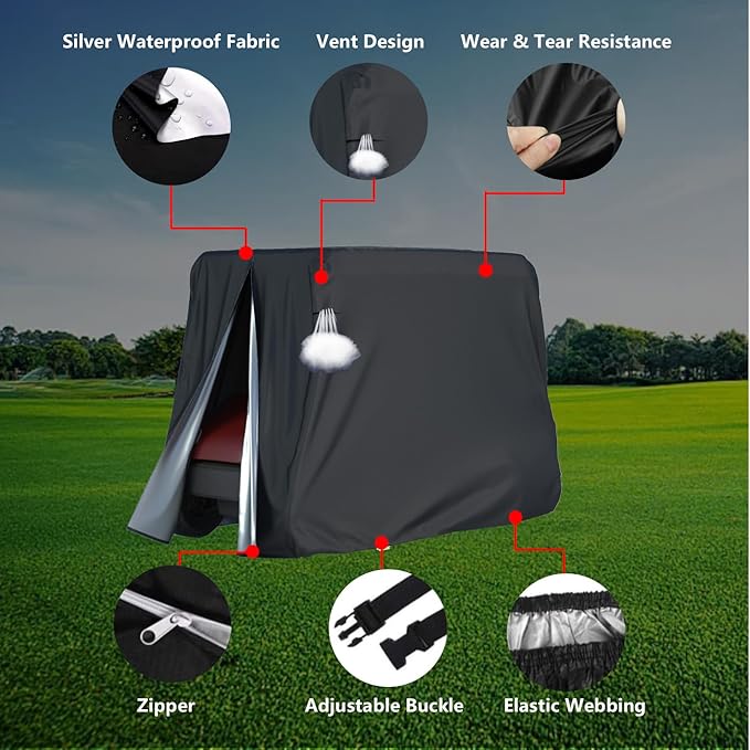 2/4 Passenger Golf Cart Cover for Yamaha EZGO Club Car, 420T Waterproof Polyester with Silver Coating,Waterproof,Dustproof,Windproof,Sunproof，All-Weather Protection (95-48-73-Black)