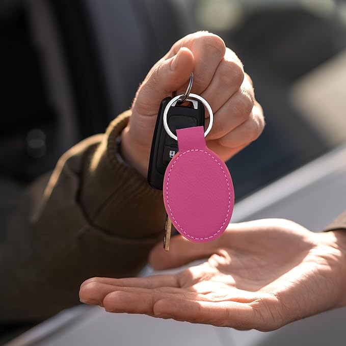 LaserGram Oval Keychain, Off Road Racer, Personalized Engraving Included (Hot Pink)