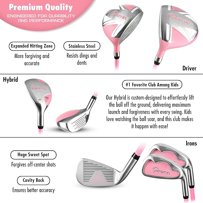 Shorties Golf - Kids Golf Club Set | Perfect for Toddler Golfers and Kids 34"-38" Tall | EasyCarry Stand Bag | Driver, 7-Iron, Putter, Headcover, and Rain Cover