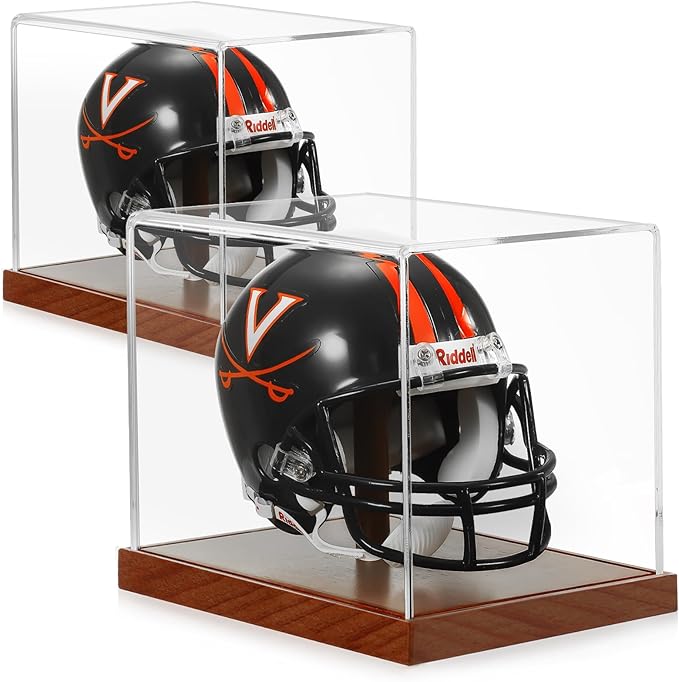 JupDec Mini Helmet Display Case, Acrylic Clear 1/2 Football Helmet Showcase, UV Protection Souvenirs and Collectibles Box with Solid Wood Base & Riser, Ideal Gift for Sports Enthusiast, 2 Pack