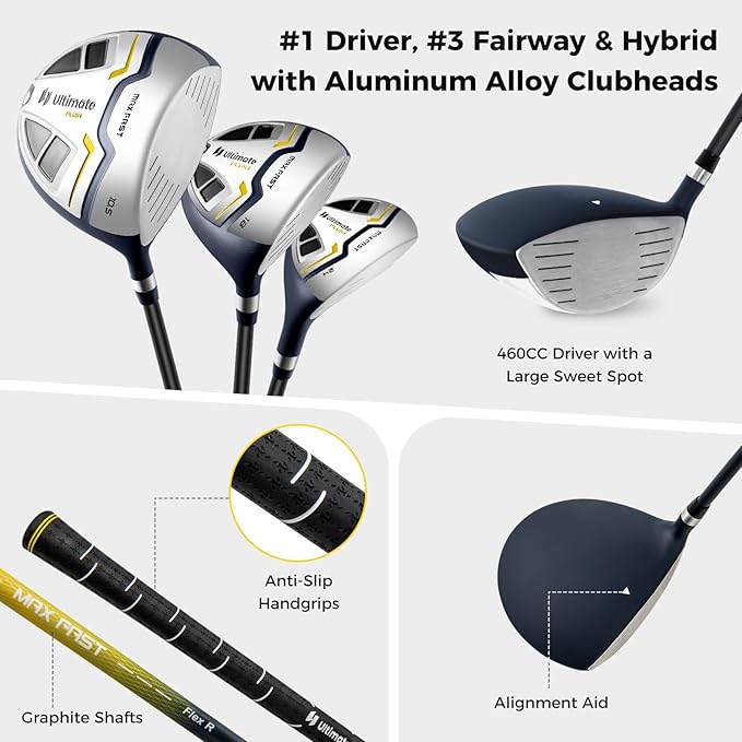 ULTIMATE 12 Pieces Men's Complete Golf Clubs Set w/Golf Stand Bag, 460cc #1 Driver, #3 Fairway, #5 Hybrid, #5#6#7#8#9#P#S Irons, Putter, Full Right-Handed Golf Set for Men