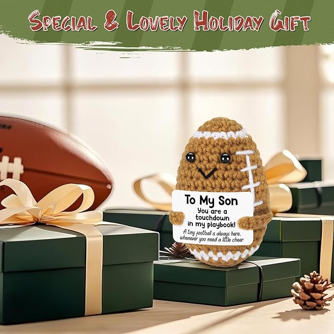 Mini Funny Son Gifts from Mom Dad, Birthday Gifts for Adults Boys Bonus Step, Positive Football Doll Cheer Up Presents with Inspirational Card, Handmade Emotional Crochet Football for Graduation