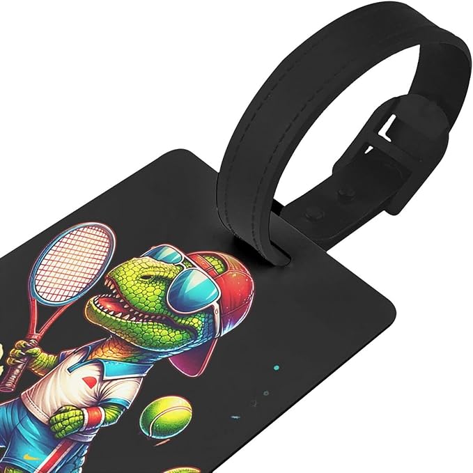 Tyrannosaurus Rex Playing Tennis Luggage Tag Suitcase Identify Labels Personalized Travel Bag Tag 2.5X4.1Inch