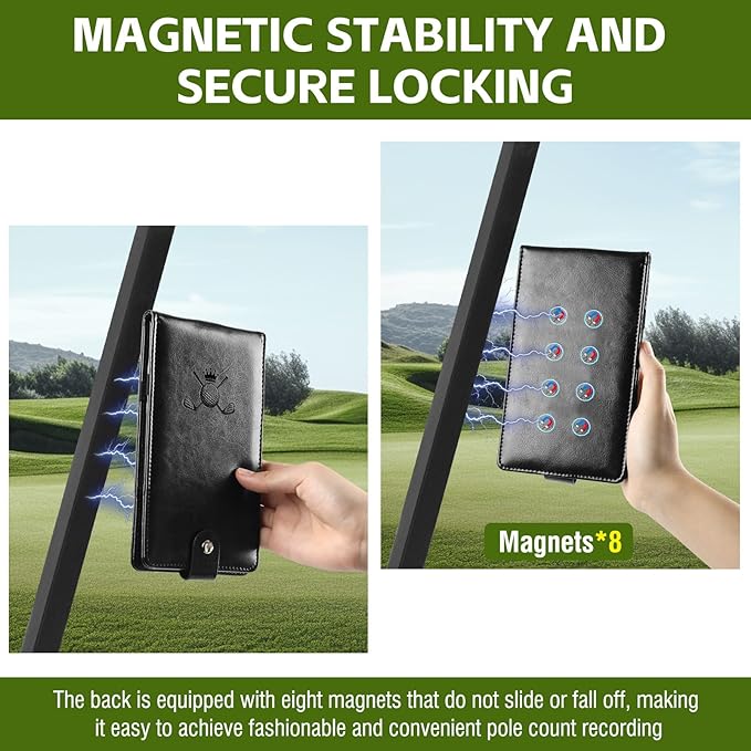 Archerest Magnetic Golf Scorecard Holder, 7.48" x 4.33" Premium Leather Yardage Book Cover Golf with A Pencil and Five Double Sided Printed Scorecards, Golf Accessories and Scorecard Book