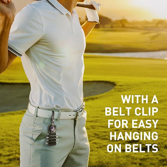 Golf Tee Holder with USA Ball Marker 4 Pcs White Wood Tees, Portable Hold Different Tee Leather Gift Hook Hanging Clip to Golf Bag Belt