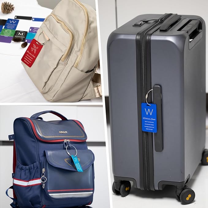 Personalized Luggage Tags for Suitcases Custom Metal Name Tags for Backpacks Bags Travel - Square (Red)