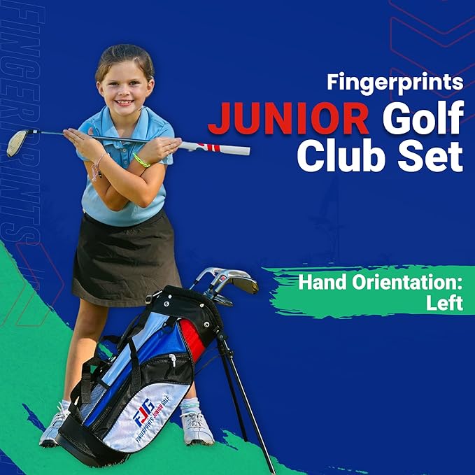 Fingerprints Junior Golf Club Set - Perfect for Junior Golfers - Left-Handed & Right-Handed Options - Complete Set in Multiple Sizes with Driver, Hybrid, 7i, PW, Putter & Stylish Stand Bag