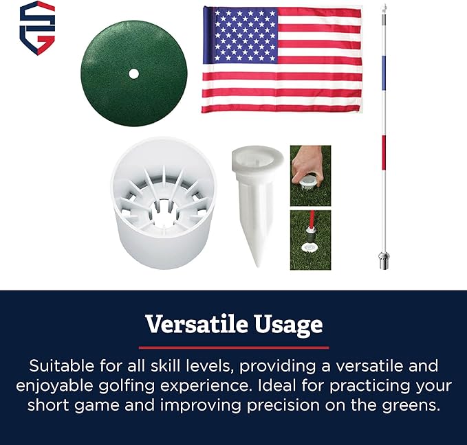Standard Golf Regulation flagstick, cup & pin flag to use in your backyard or other open space for practice. Use the same products as used by golf courses all over the world and on tour.