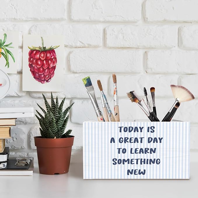 Inspirational Blue Pen Pencil Holder for Desk, Motivational Classroom Decor, Today Is a Great Day to Learn Something New Wooden Box Sign Desk Decor for Classroom Playroom Decoration