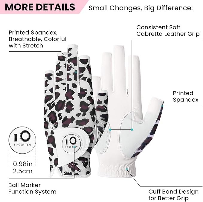 FINGER TEN Stylish Golf Gloves Women with Ball Marker 1 Pack for Left or Right Hand, Breathable Glove with Fashion Patterns for Ladies Right Left Handed Golfer
