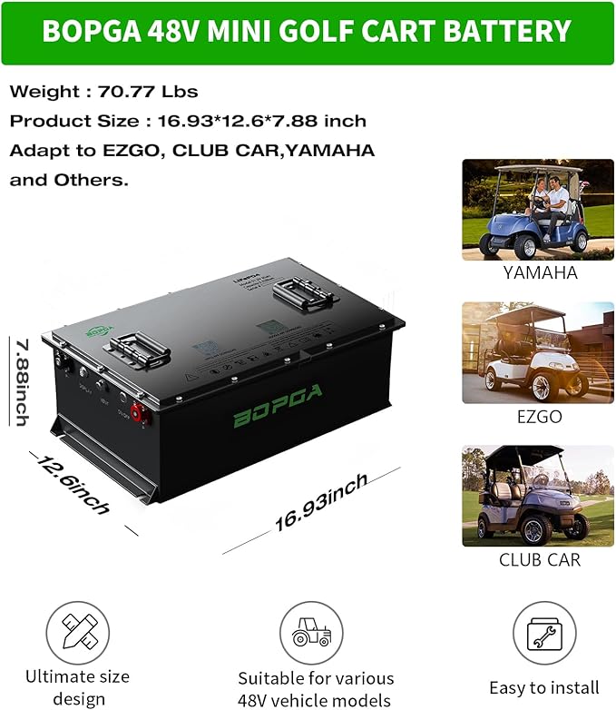 48V 65Ah Lithium Battery Golf Cart with Charger, Golf Cart Batteries Built-in Smart Bluetooth 150A BMS, Touch Monitor & Mobile APP, 4000+ Cycles LiFePO4 Battery, 30-Mile Range