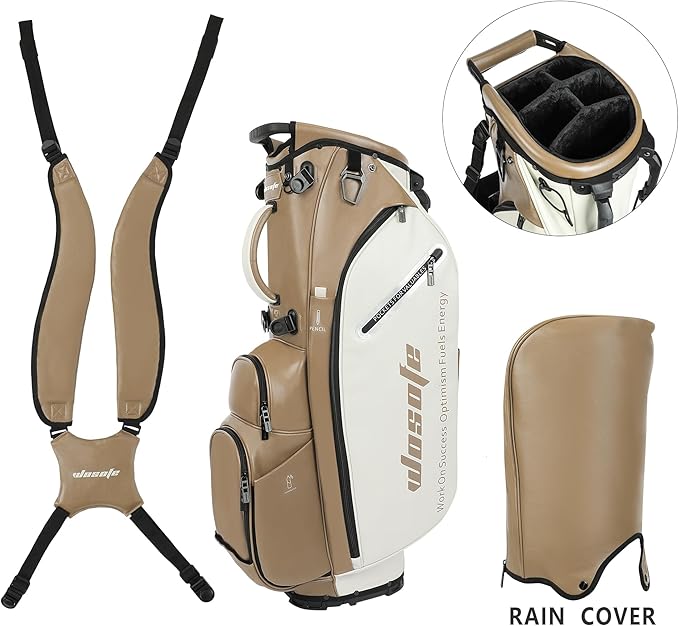 Lightweight 14-Way Golf Stand Bag, PU Leather Golf Bag Waterproof Men Women Full Length Top Dividers, Multiple 8 Pockets Cooler Pouch Adjustable Detachable Shoulder Dual Straps Rain Cover Hood