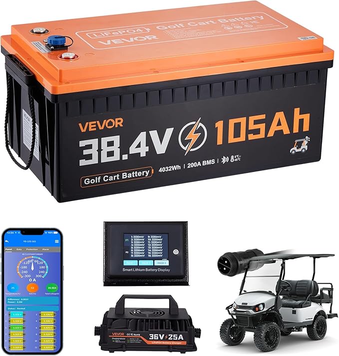 VEVOR 36V (38.4V) 105AH Lithium Golf Cart Battery, with 25A Charger, Lifepo4 Battery Kit, Built-in 200A BMS, with Bluetooth & Touch Monitor, 2C Discharge, 4000 Cycles, for Golf Carts, Trolling Motors