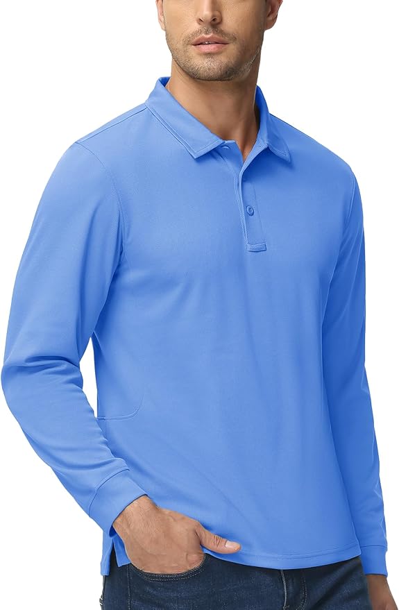 MAGCOMSEN Men's Polo Shirts 3 Button Quick Dry Performance Long Sleeve Tactical Shirts Pique Jersey Golf Shirt