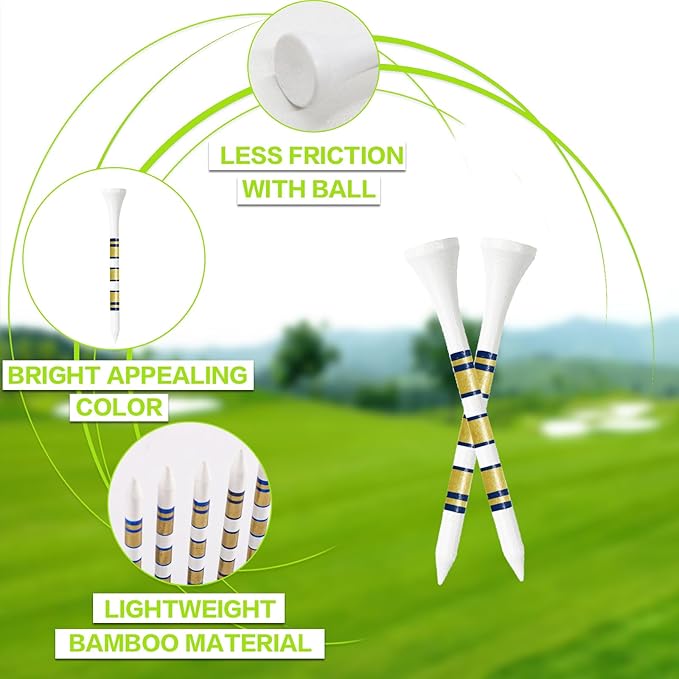 FINGER TEN Golf Tees Wood 3 1/4 2 3/4 Inch Value 50/120 Count, Durable Tees with Bright Colored Stripes for Consistent Height, 70mm 83mm Long Tees Ideal for Golfers