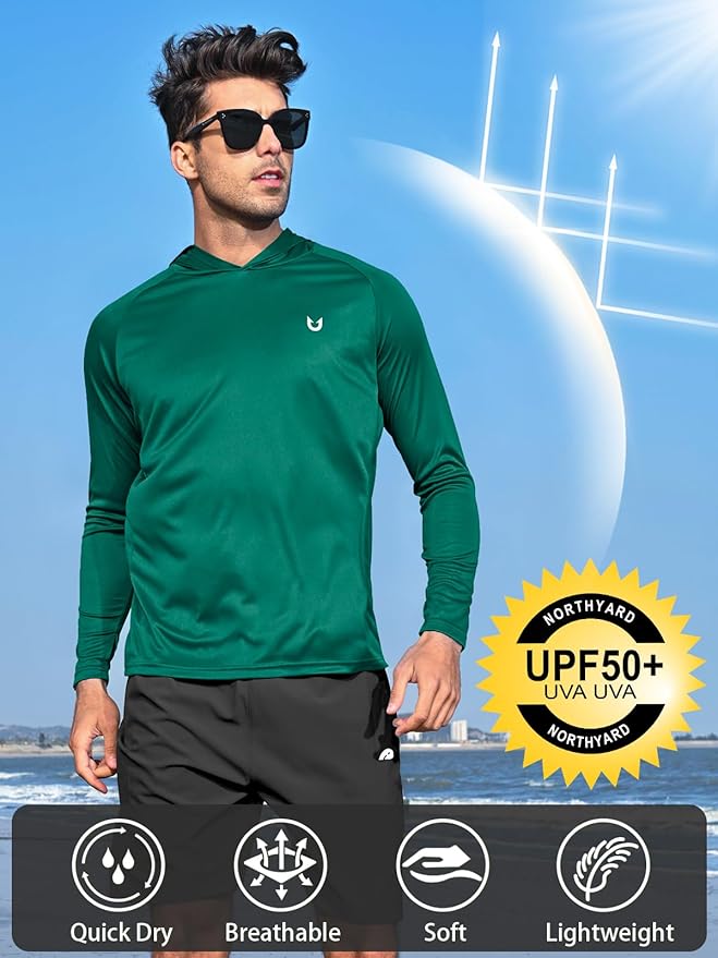 NORTHYARD Men's UPF 50+ Hoodie Shirts Long Sleeve Sun Protection Fishing Swim Beach UV SPF Rash Guard Quick Dry Lightweight