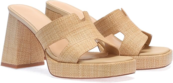 Monrovia Womens Sandals Heels for Women Slide On Block Chunky Platform High Heels Open Toe Raffia Wedge Sandals