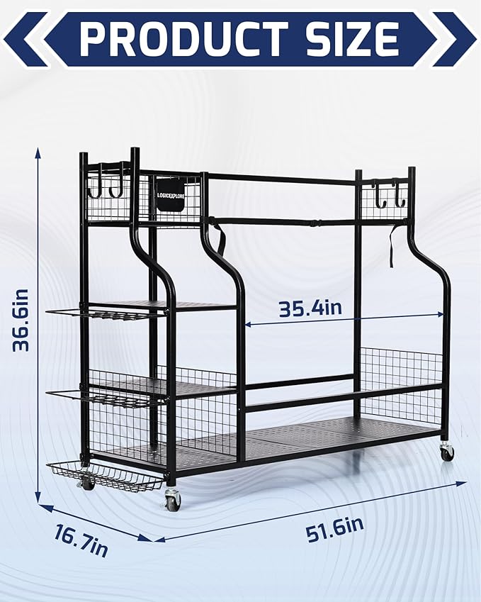 Golf Bag Storage Organizer Rack for Garage, Golf Bag Stand with Rolling Wheels, Heavy-Duty Metal Golf Equipment Organizer for Home, Garage, Clubhouse