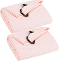 VIVIDLY 2 Pack Tri-fold Golf Towels, Premium Microfiber Fabric Waffle Pattern with Black Heavy Duty Carabiner Clip, Pink Golf Towels for Golf Bags for Men (Pink)