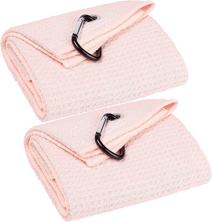 VIVIDLY 2 Pack Tri-fold Golf Towels, Premium Microfiber Fabric Waffle Pattern with Black Heavy Duty Carabiner Clip, Pink Golf Towels for Golf Bags for Men (Pink)