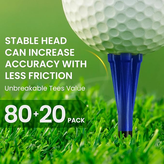 FINGER TEN Unbreakable Golf Tees Plastic 80 3 1/4" or 2 3/4" Driver Tees with 20 1 1/2" Iron Tees Assorted Pack, Low Resistance & Consistent Height Long Short Tees with Bright Colors