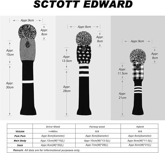 Scott Edward Knit Golf Head Covers for Woods Set of 3 Fits Well Driver(460cc) Fairway Wood and Hybrid(UT) The Perfect Change for Golf Bag