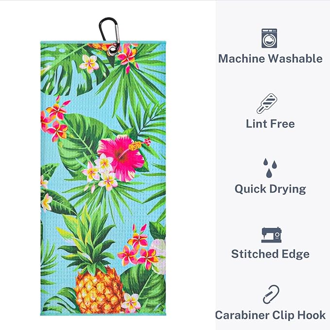 Microfiber Golf Towels for Golf Bags & Carts - Premium Weave Waffle & Ball Towels with Carabiner Clip, Essential Accessories for Men, Women and Kids, Golfer Gifts, Set of 2 (Pineapple Tropics)