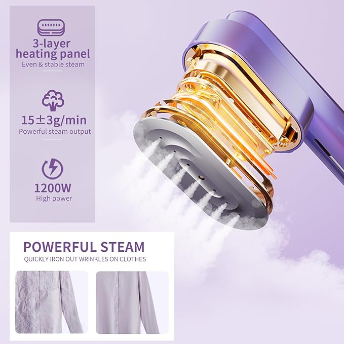 Steamer for Clothes, 2-in-1 Portable Handheld Garment Steamer & Iron with Self-Cleaning, 1200W Powerful & 30s Fast Heat-Up, Large Ceramic Panel, for Travel, Home and Office Use Mini, Purple