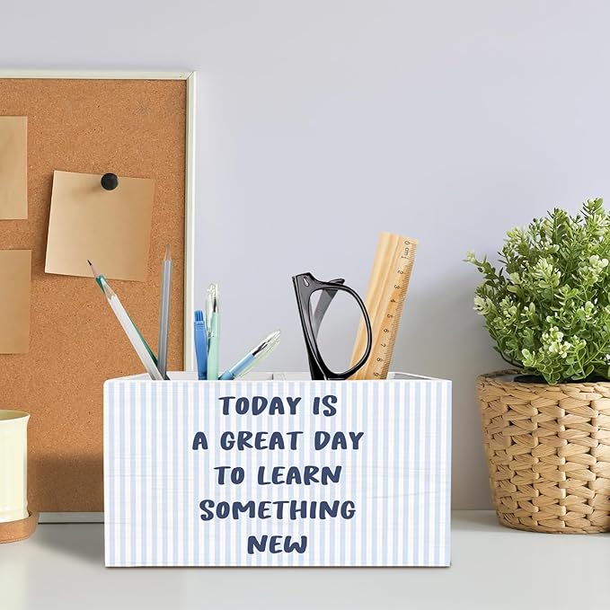 Inspirational Blue Pen Pencil Holder for Desk, Motivational Classroom Decor, Today Is a Great Day to Learn Something New Wooden Box Sign Desk Decor for Classroom Playroom Decoration