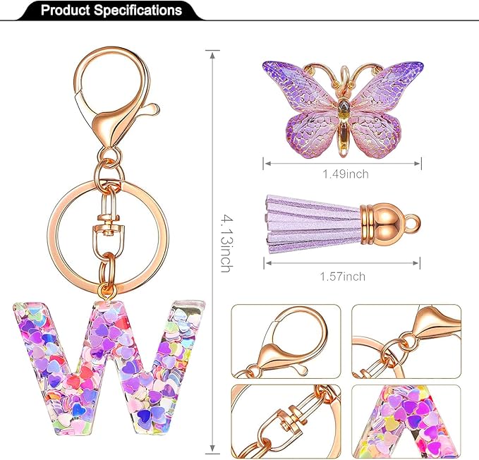 JINGUAZI Initial letter Keychains for Women Tassel Butterfly Pink Purple Cute Car Keychain for Wallet Backpack bag charm
