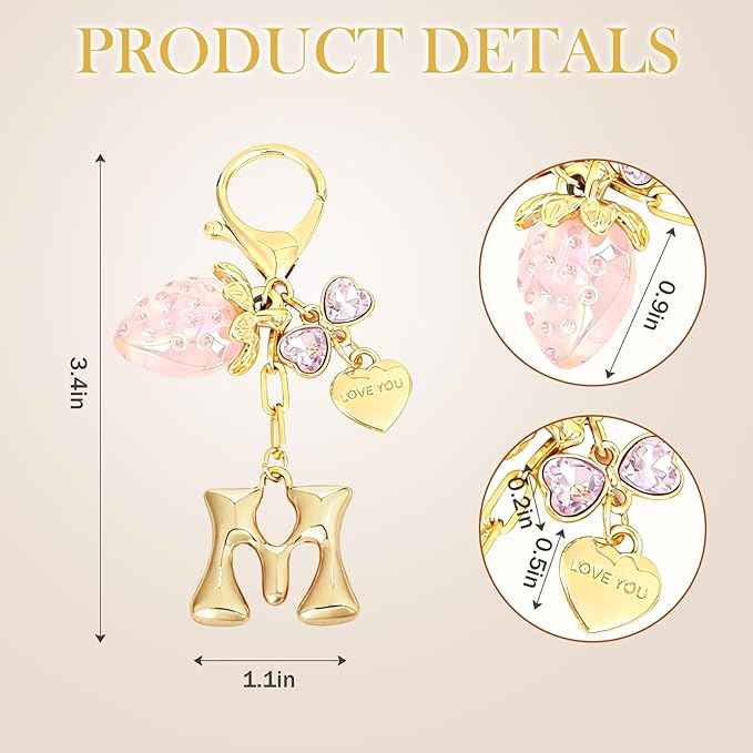 Snycler Bubble Initial Keychain with Strawberry & Bow- Gold Letter Bag Charms for Women, Cute Purse Handbag Accessories