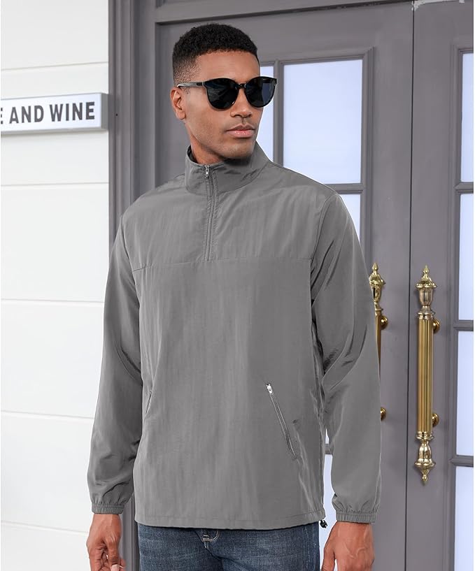 Aulemen Men's Casual Quarter Zip Pullover Golf Windbreakers Athletic Lightweight Jacket Hiking Running Sweatshirt with Pocket