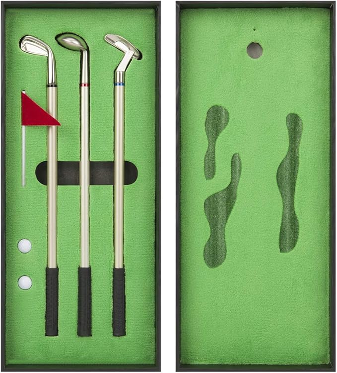 Golf Pen Set, Mini Desktop Golf Ball Pen, Top Golf Gift with Putting Green, 3 Golf Clubs Pens with Balls and Flag