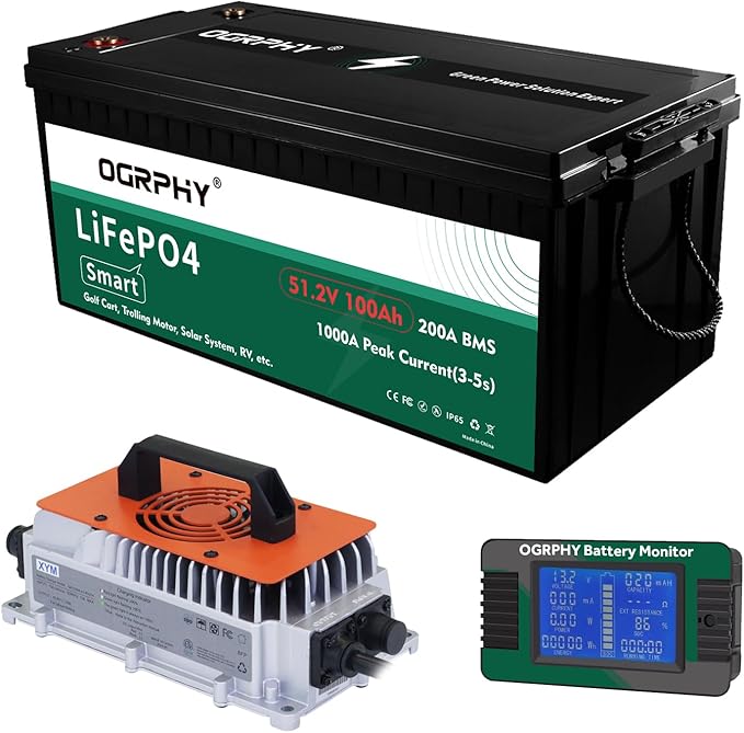 48V Lithium Battery with Onboard 18A LiFePO4 Battery Charger & 200A BMS, 5.12kWh 48V 100Ah Lithium Golf Cart Battery with 10.24kW Output, 1000A Peak Current for Golf Cart, Solar