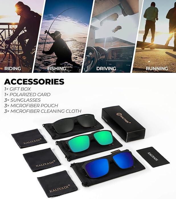 KALIYADI Polarized Sunglasses for Men and Women, Mens Sun Glasses with UV Protection for Driving Fishing Golf (3 Packs)