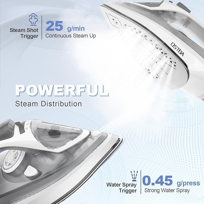 OSTBA 1600W Steam Iron for Clothes with Rapid Heating Nonstick Soleplate, 300ml Water Tank, Precise Thermostat Dial, Self-Cleaning, Anti-limescale, Drip Stop Function Clothes Iron