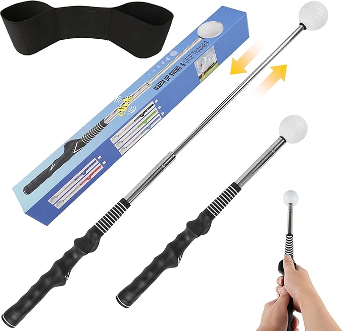 Retractable Golf Swing Training Aid with Arm Band, Golf Grip Trainer for Indoor Outdoor Practice, Portable Club Grips with Click Sound for Beginners and All Skill Levels