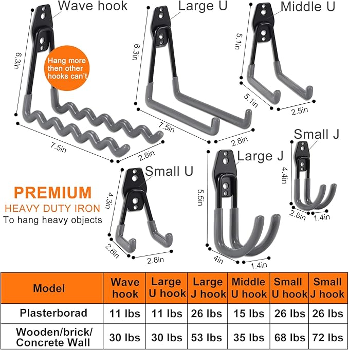 AOBEN Garage Hooks Heavy Duty, Steel Garage Storage Hooks, Utility Tool Hangers and Combinable Wall Mount Garage Hooks for Organizing Ladders, Bikes, Hoses, and More Equipment (Small J, 6 Pack)