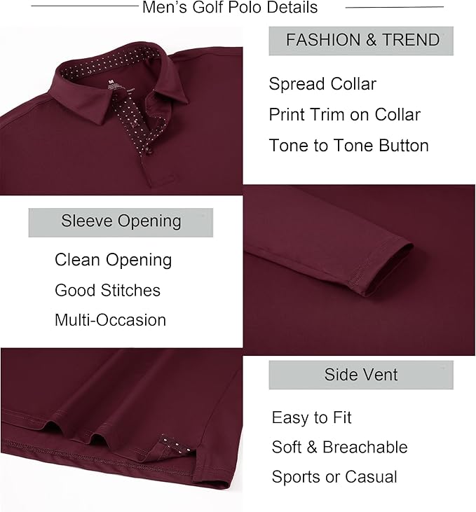 Alex Vando Mens Golf Shirt Moisture Wicking Quick-Dry Solid Long Sleeve Polo Shirts for Men