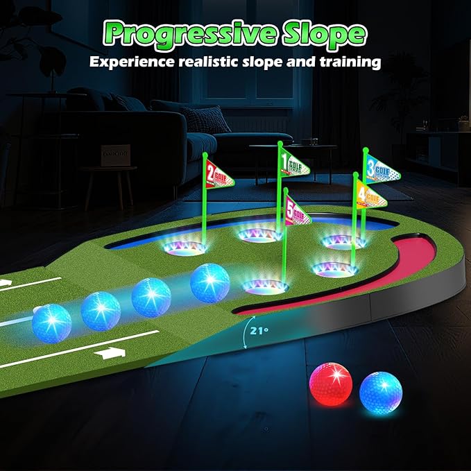 Upgraded Golf Putting Mat for Kids, Putting Green with LED Light up Holes, Glowing Balls, 2 Clubs, Toy Golf Set, Golfing Mats Indoor Outdoor, Sport Game Golf Gift for for Kids Teens Family