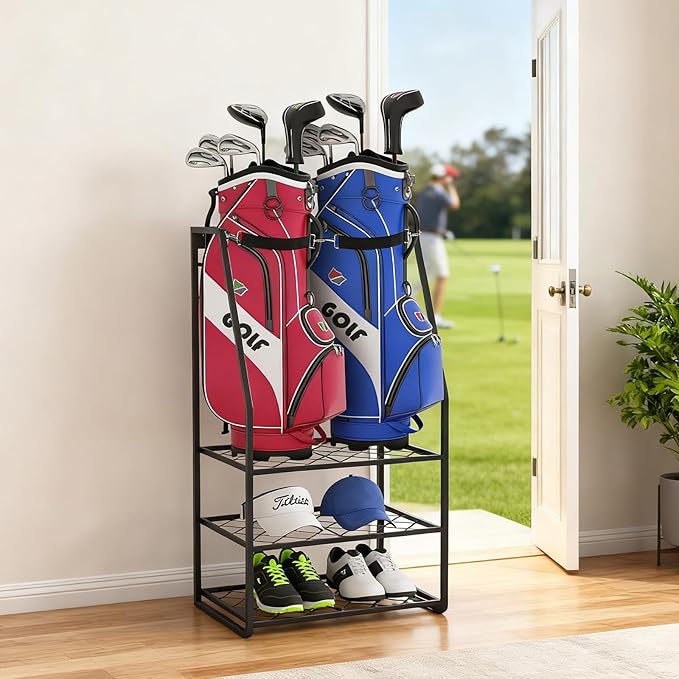 Wall Mount Golf Bag Organizer for Garage, Heavy Duty Golf Storage Rack Holds 2 Bags, Freestanding Golf Bag Stand and Accessories Holder for Home & Shed