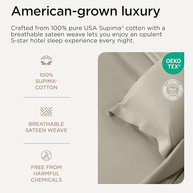 Threadmill Queen Sheet Set | 800 Thread Count Queen Bed Sheets for Queen Mattress with 16” Deep Pocket | Sateen Weave, Better Than Egyptian Cotton, 4-Piece Bedding Set with Cooling Effect | Taupe