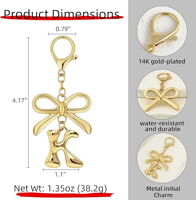 Gold Bubble Heart, Cherry, Bow & More Designs Letter Initial Keychain Bag Charms – Cute Purse Charms for Handbags