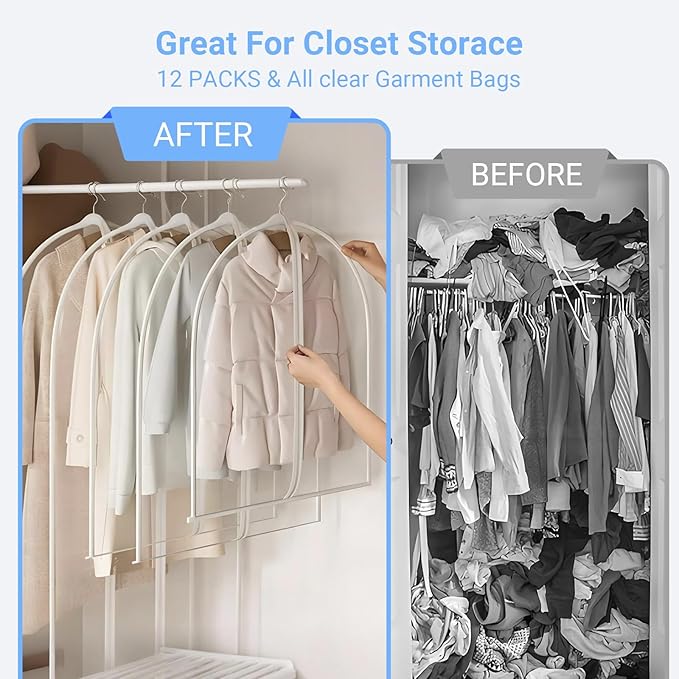 Garment Bags for Hanging Clothes 24'' x 55'' (Set of 12) Coat Covers for Closet Foldable Washable Dress Bags for Hanging Clothes for Long Dress Dance Costumes Suits Gowns Coats